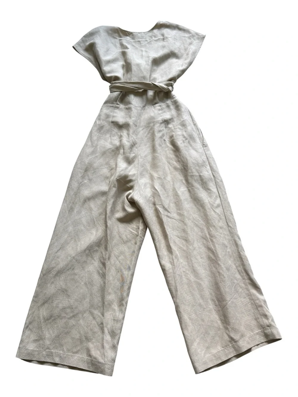 Wilfred by Aritzia Linen Wrap Jumpsuit Tie Waist Wide Leg 10 Beige Minimalist